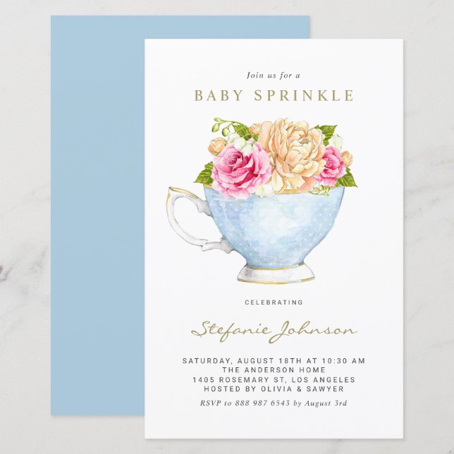 Flores de primavera no Teacup Baby Sprinkle Invita (Frente/Verso)