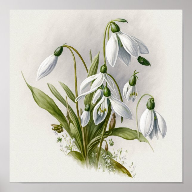 Flores de Snowdrop Brancas Arte Impressa Poster (Frente)