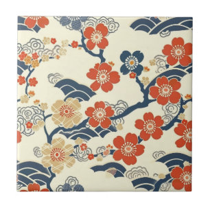 Flores de Ume Prunus Japonesa Creme Onda Azul-Mari