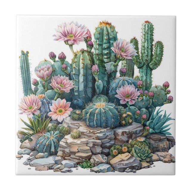 Flores do deserto de aquarelas cactos. (Frente)