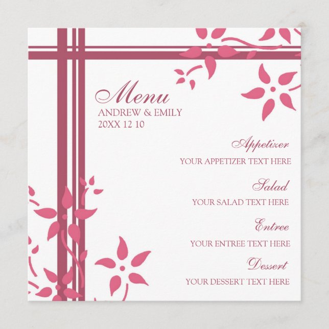 Flores do rosa da madressilva do menu do casamento (Frente)