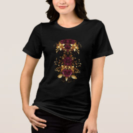 Flores Douradas Vermelhas e Burgundy Camiseta-T-Na