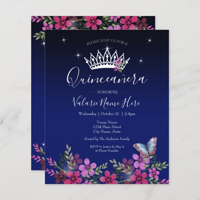 Flores e Borboleta Quinceanera (Frente/Verso)