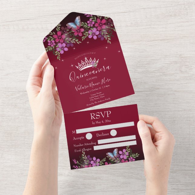 Flores e Borboleta Quinceanera Burgundy (Tearaway)