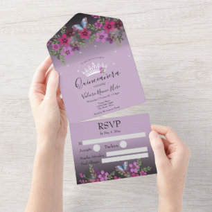 Flores e Borboleta Quinceanera Roxo Todos Ligados