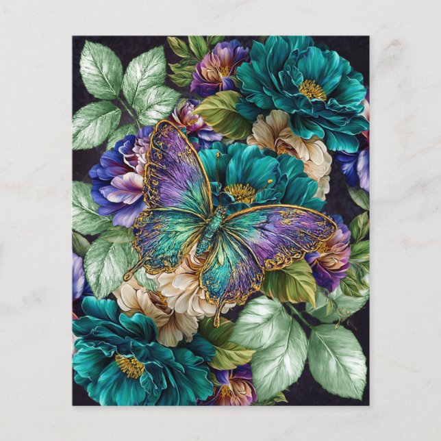 Flores e Borboletas Branco Verde-água Roxo (Frente)
