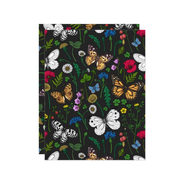 Flores e borboletas selvagens a preto (Frente/Verso In Situ)