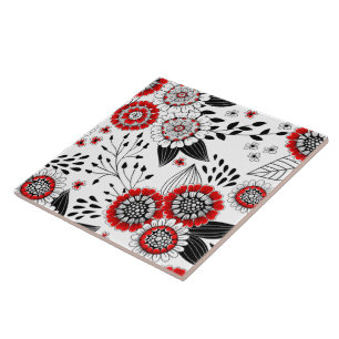 Flores e folhas de rabo em vermelho e preto