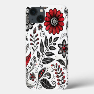 Flores e folhas de rabo em vermelho e preto