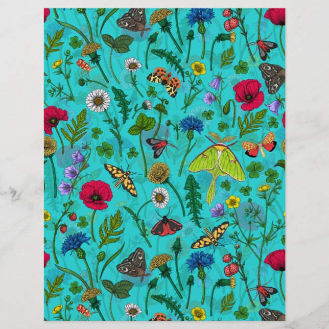 Flores e mariposas selvagens em teal (Frente)