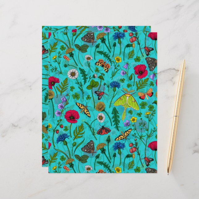 Flores e mariposas selvagens em teal (Frente/Verso In Situ)