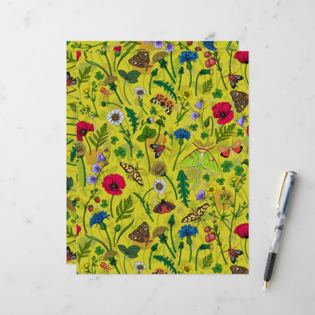 Flores e mariposas selvagens em verde (Frente/Verso In Situ)