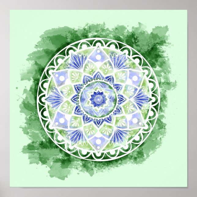 Flores e pontos Mandala - Impressão de aquarela (Frente)
