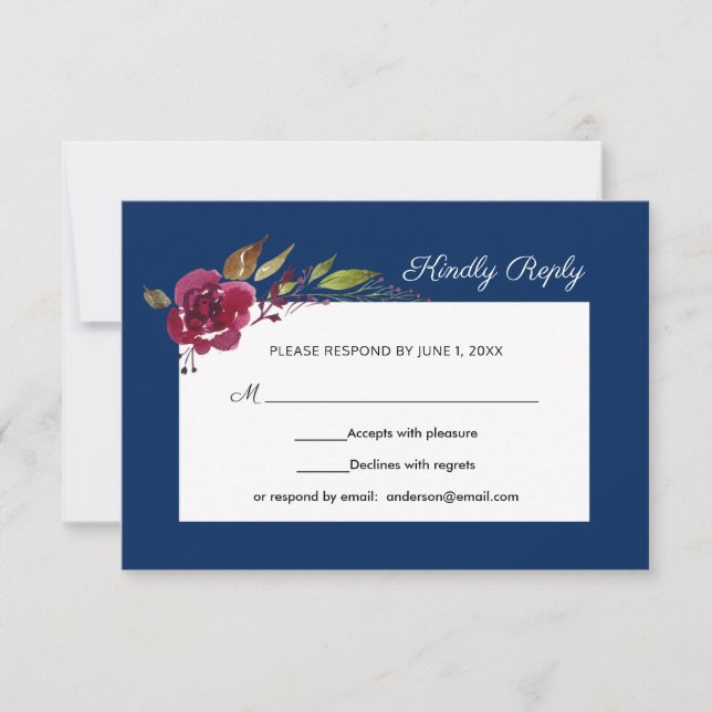 Flores Elegantes em Aquarela Azul Marinho RSVP de  (Frente)