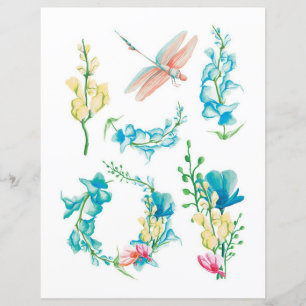 Flores em aquarela e insetos para recortar e colar