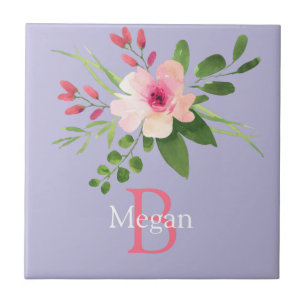 Flores em Aquarela, Nome e Monograma em Lavanda