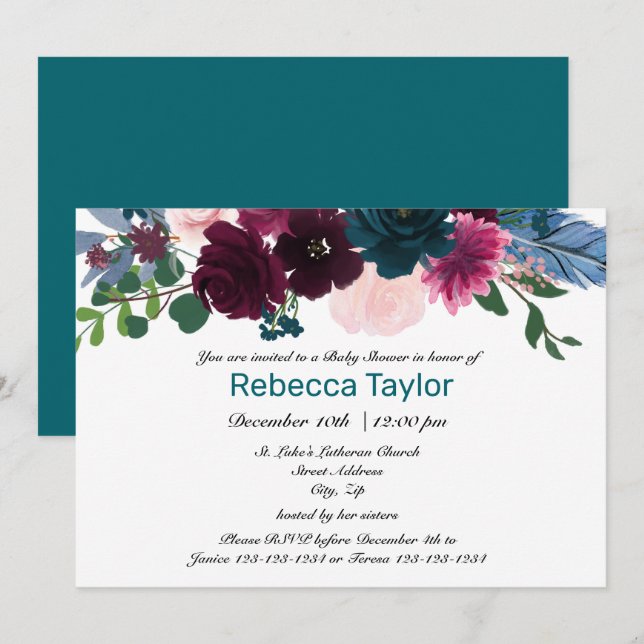 Flores em Flor Teal - Convite para Chá de Bebê (Frente/Verso)