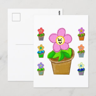 Flores Em Vasos Rosados ​​Fofos Cartão Postal