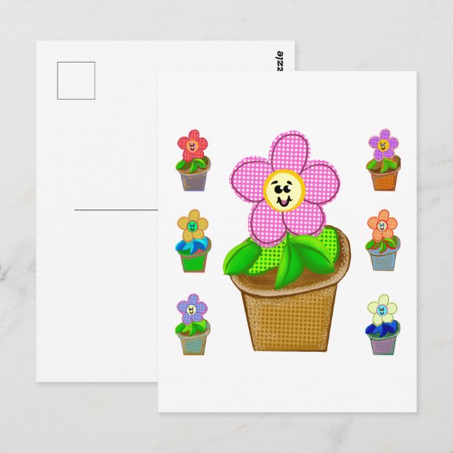 Flores Em Vasos Rosados ​​Fofos Cartão Postal (Frente/Verso)