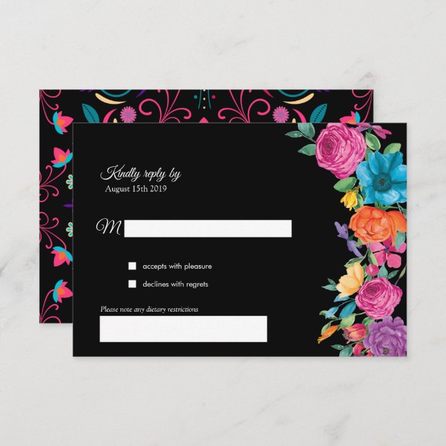 Flores Fiesta e placa RSVP de bordado mexicano (Frente/Verso)