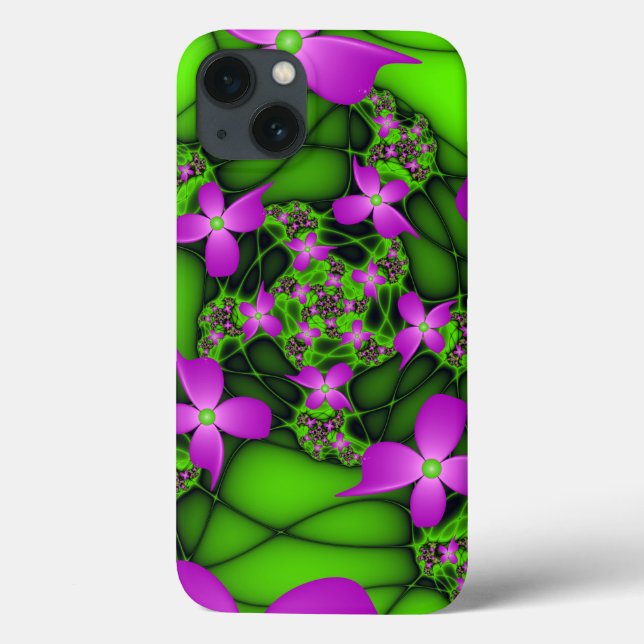 Flores Fractais Abstratas Modernas Rosa Verde Neon (Verso)