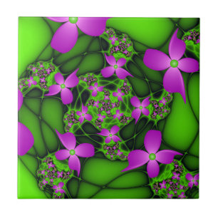 Flores Fractais Abstratas Modernas Rosa Verde Neon