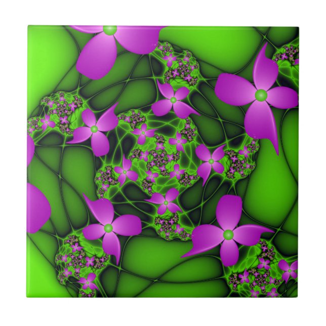 Flores Fractais Abstratas Modernas Rosa Verde Neon (Frente)
