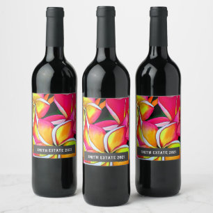 Flores Frangipan aquarela rótulo de vinho de arte 