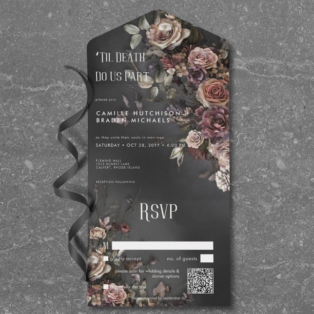 Flores Góticas Negras e Código QR de Numeração (Black Moody Gothic Flowers & Mist QR Code All In One Invitation)