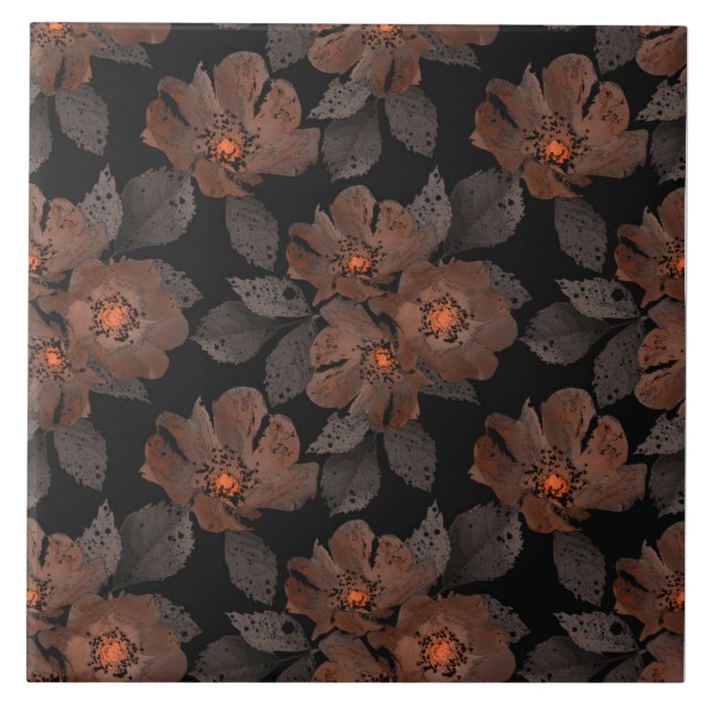 Flores laranja e marrom em um fundo preto. (Frente)