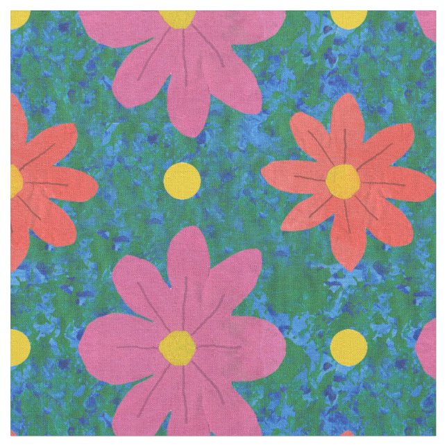 Flores Laranja Rosa Pontos de Bolinhas, Tecido Azu (Detalhe)
