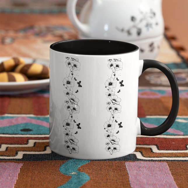 Flores Negras, padrão floral, caneca de café (Criador carregado)
