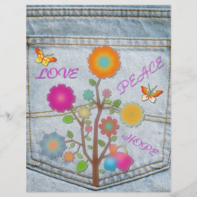 Flores no Bolso Traseiro de Jeans Paz Amor Esperan (Frente)