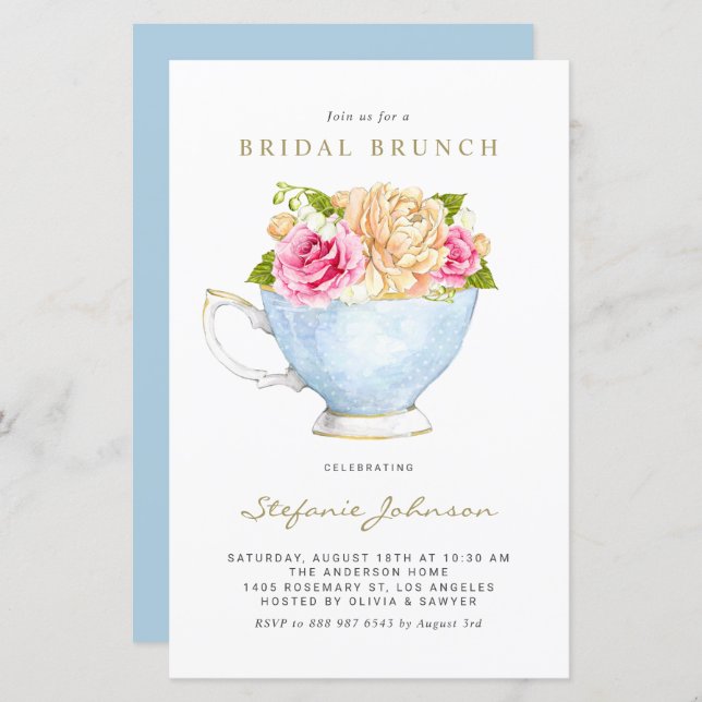 Flores no Convite de Brunch Teacup Bridal (Frente/Verso)