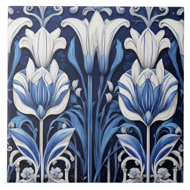 Flores Nouveau de Arte Deco de Tulipas Azuis e Bra (Frente)