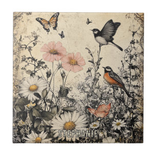 Flores, Pássaros e Borboleta em Papel Envelhecido