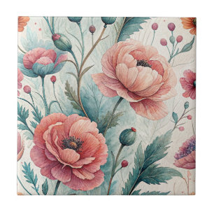 Flores Pintadas à Mão - Jardim Floral Coral e Sage
