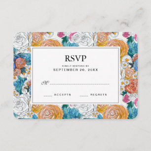 Flores pintados mão azuis & alaranjadas - RSVP