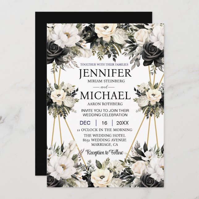 Flores Pretas e Brancas Convites para Casamento (Frente/Verso)