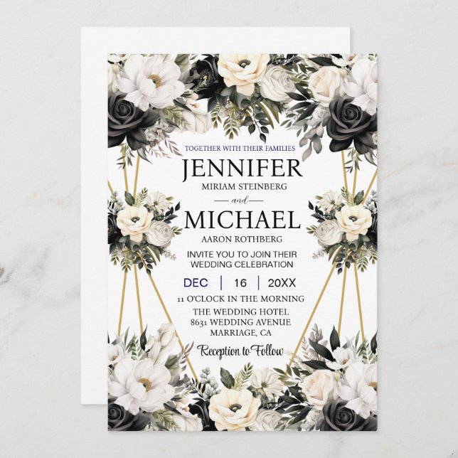 Flores Pretas e Brancas Convites para Casamento (Frente/Verso)