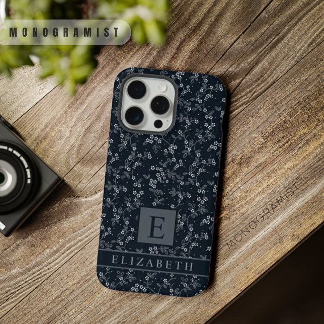 Flores Preto Personalizável Cinza Escuro Branco Fl (Customizable Black Floral Dark Grey White Flowers iPhone Case)