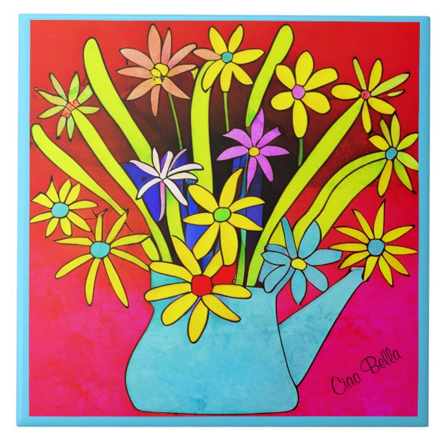 Flores Psicodélicas Vibrantes em Vaso Azul (Frente)