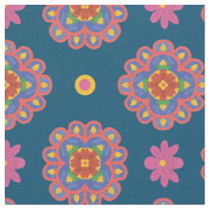 Flores Rangoli, Pontos Coloridos em Tecido Azul Pe