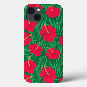 Flores Red Hibiscus em Folhas Tropicais Verdes