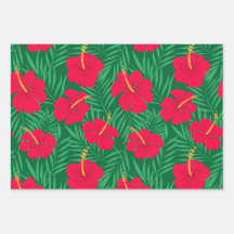 Flores Red Hibiscus em Folhas Tropicais Verdes