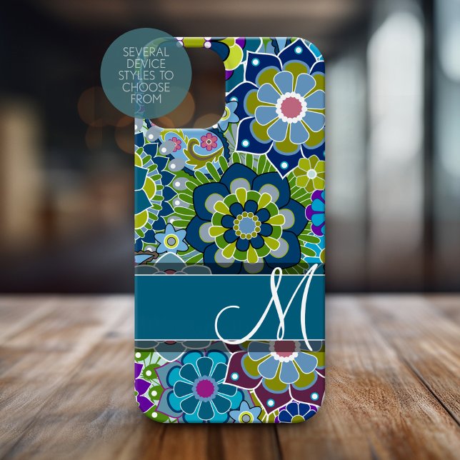 Flores Retro Coloridas com Monograma (Personalized Phone Case with Monogram)