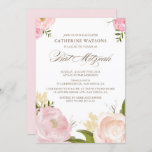 Flores Românticas De Aquarela Bat Mitzvah Convite<br><div class="desc">Convite personalizável Bat Mitzvah com ilustrações feitas à mão de cor aquosa de peões rosa. Itens semelhantes e itens correspondentes estão disponíveis na minha loja.</div>