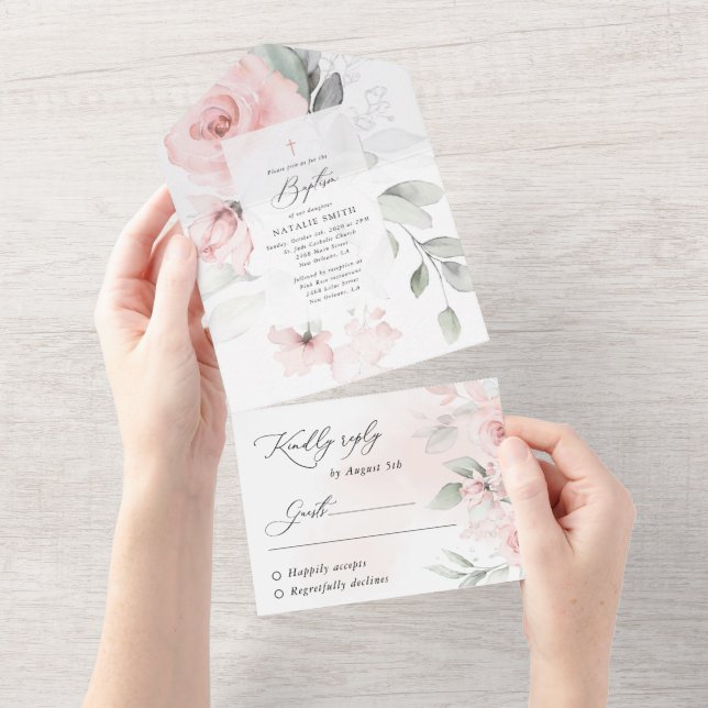 Flores Rosa Bege, Folhagens, Boho, Batismo Floral (Tearaway)