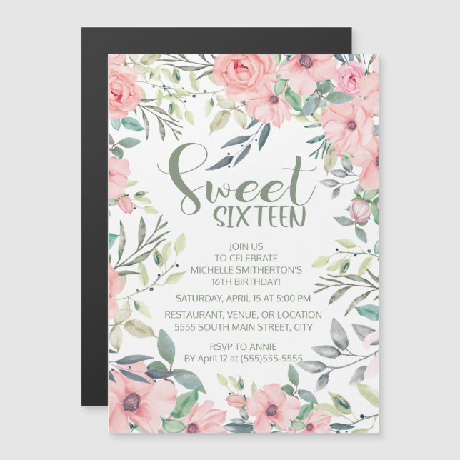 Flores Rosa Bege Folhas Verde Sage Sweet 16 (Frente/Verso)