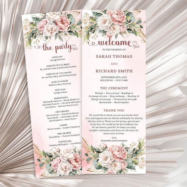 Flores Rosa Bege Suave Eucalipto Programa de Casam (Soft Blush Pink Flowers Eucalyptus Wedding Program)